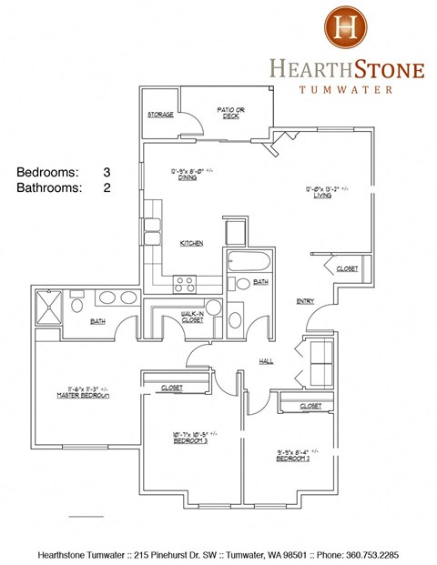 Floor plan for 3 beds, 2 baths, 1084 sqft